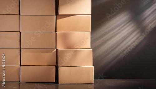 Stack of cardboard boxes with sunlight streaming in. photo