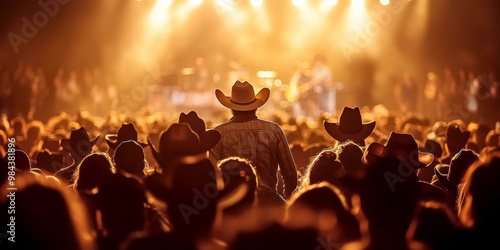 Crowd at a country music show, everyone is wearing a cowboy hat, hapinnes, joy . AI generative.