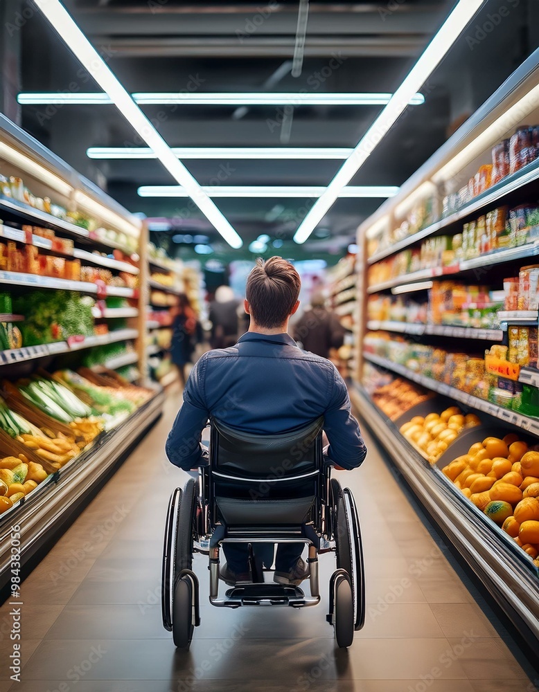Obraz premium Un hombre en silla de ruedas haciendo la compra en una tienda de comestibles.