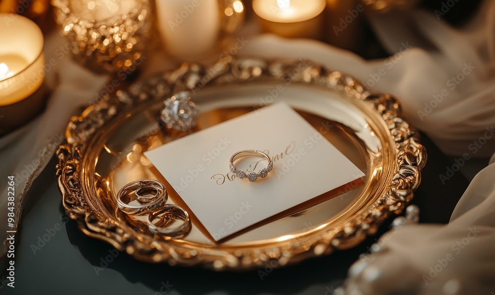 Gold tray with wedding rings and candlelight. Gold tray with wedding rings and candlelight.