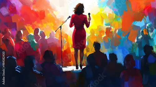 Watercolor illustration of a confident businesswoman delivering a keynote address.