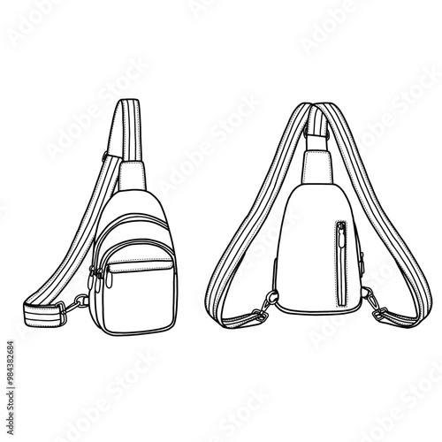 Small sling bag for women cross body sling chest bag for travel line art. Outline vector doodle illustration front and back view. Isolated on a white background photo