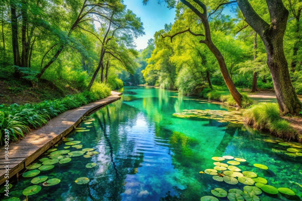 A lush green forested path meanders alongside a serene river, where clear blue water and floating lily pads create a peaceful atmosphere. A lush green forested path meanders alongside a serene river, where clear blue water and floating lily pads create a peaceful atmosphere.