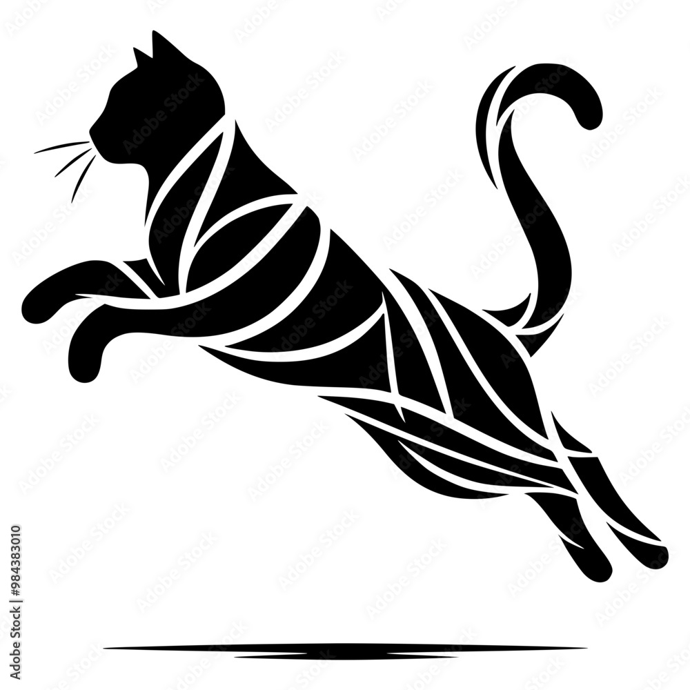 Minimalist black and white silhouette of a playful cat, drawn with bold abstract lines on a plain background. Modern artistic design that captures the essence of feline movement in simplicity, perfect Minimalist black and white silhouette of a playful cat, drawn with bold abstract lines on a plain background. Modern artistic design that captures the essence of feline movement in simplicity, perfect