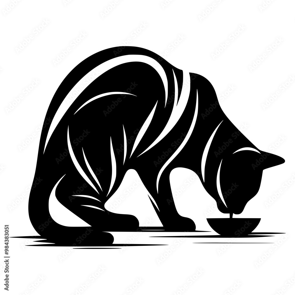 Minimalist black and white silhouette of a cat eating, created with bold and abstract lines on a plain background. Modern artistic design capturing feline elegance in simplicity, perfect for contempor