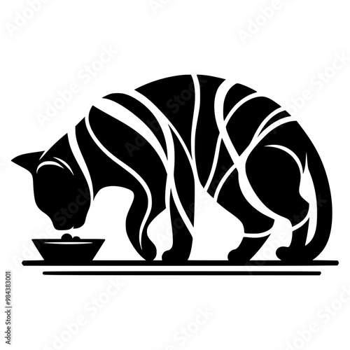 Minimalist black and white silhouette of a cat eating, created with bold and abstract lines on a plain background. Modern artistic design capturing feline elegance in simplicity, perfect for contempor photo