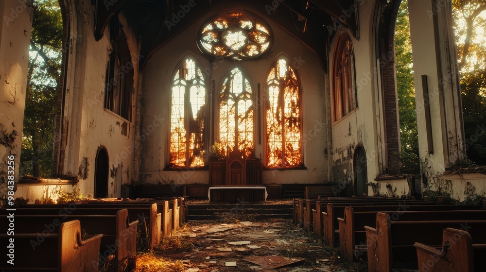 Fototapeta premium Abandoned church with shattered windows