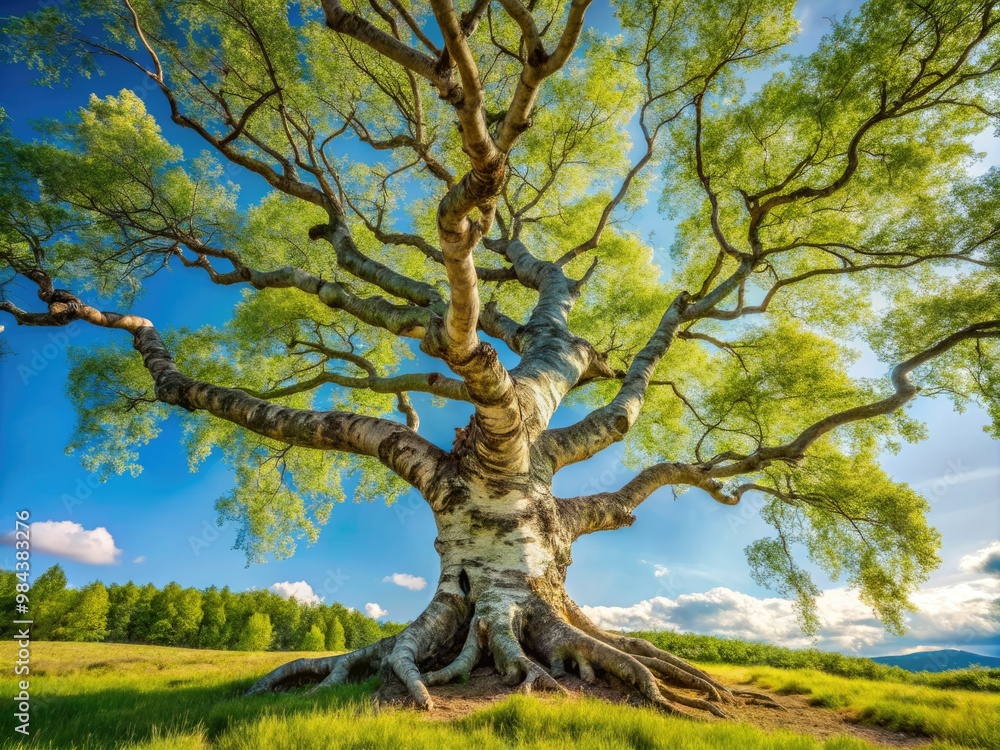 Fototapeta premium A majestic birch tree stands tall, its twisted and gnarled trunk a testament to its enduring strength and unique beauty.