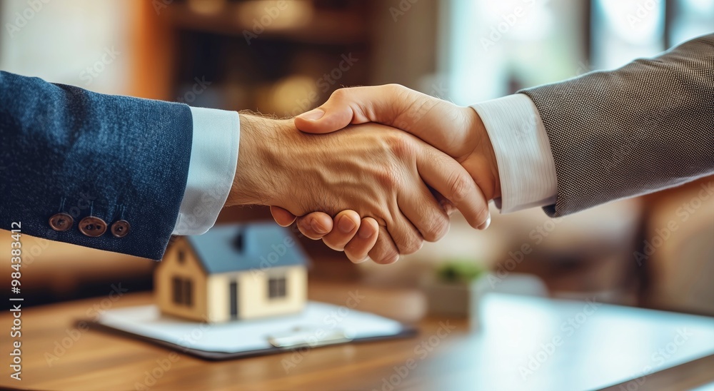 Real estate stock photography featuring a handshake between two individuals over a house model, representing business deals Real estate stock photography featuring a handshake between two individuals over a house model, representing business deals