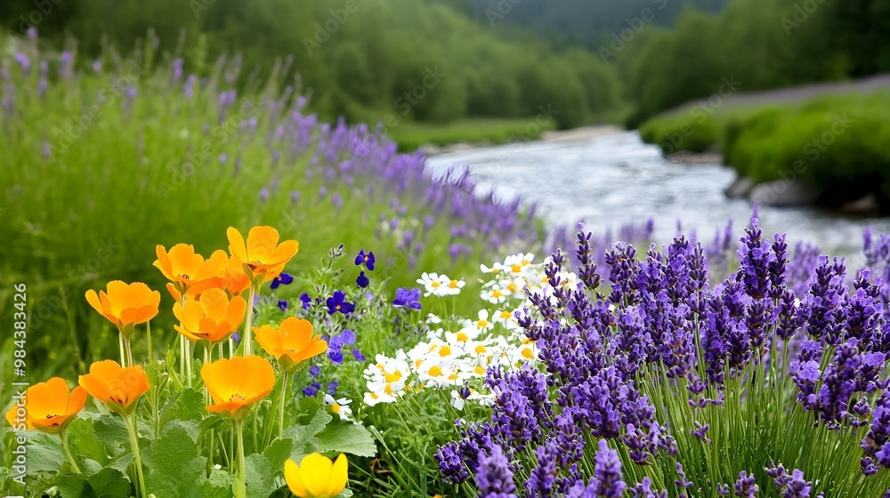 Obraz premium Peaceful Riverside Lined with Diverse and Serene Blooming Wildflowers