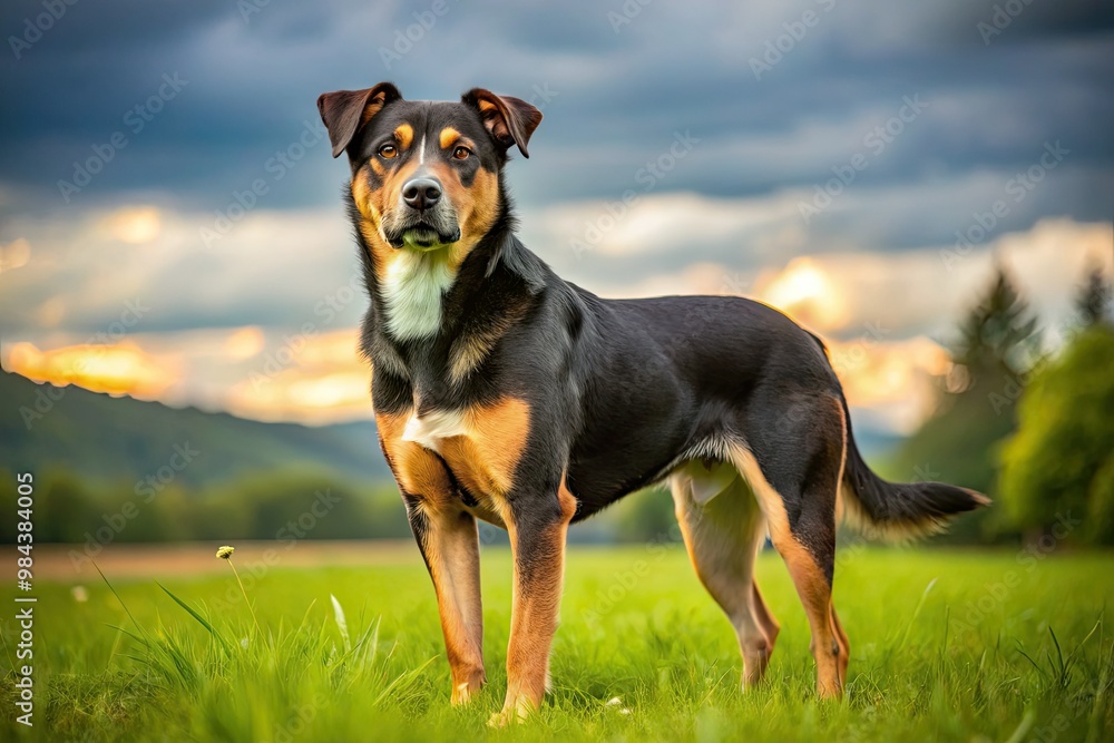 A majestic mixed breed dog with a muscular build and striking black and tan coat proudly stands amidst the vibrant, green blades of a sunny field. A majestic mixed breed dog with a muscular build and striking black and tan coat proudly stands amidst the vibrant, green blades of a sunny field.