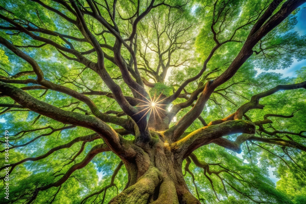 Fototapeta premium A majestic tree stands tall, its vibrant green foliage stretching towards the sky, creating a web-like canopy that symbolizes the intricate connections between all living things.