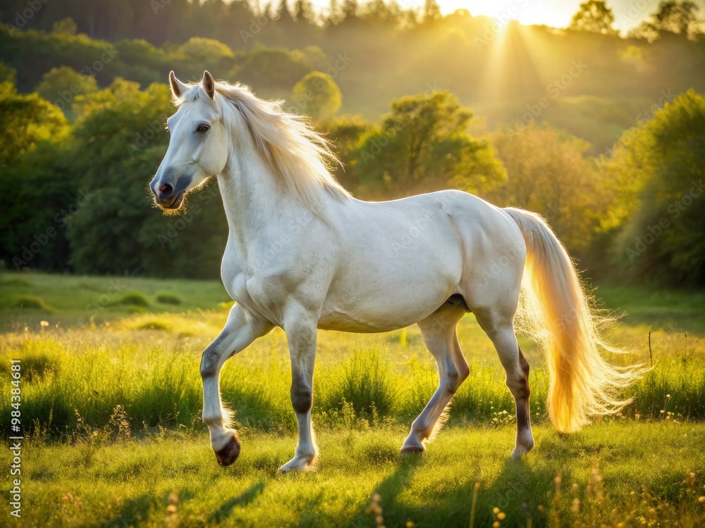 A majestic white horse with freckled coat navigates the sun-drenched field with quiet elegance, its hooves barely touching the lush grass. A majestic white horse with freckled coat navigates the sun-drenched field with quiet elegance, its hooves barely touching the lush grass.