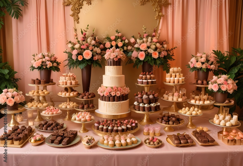 Naklejka premium Indulge in stunning display of chocolate delicacies, featuring an array of beautifully arranged desserts, including cupcakes, chocolates, and elegant floral arrangements