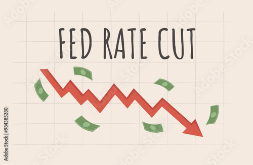Fed rate cut. Federal reserve big interest rate down. Modern vector illustration with an arrow pointing down, 3d flying banknotes and text. Economy concept.