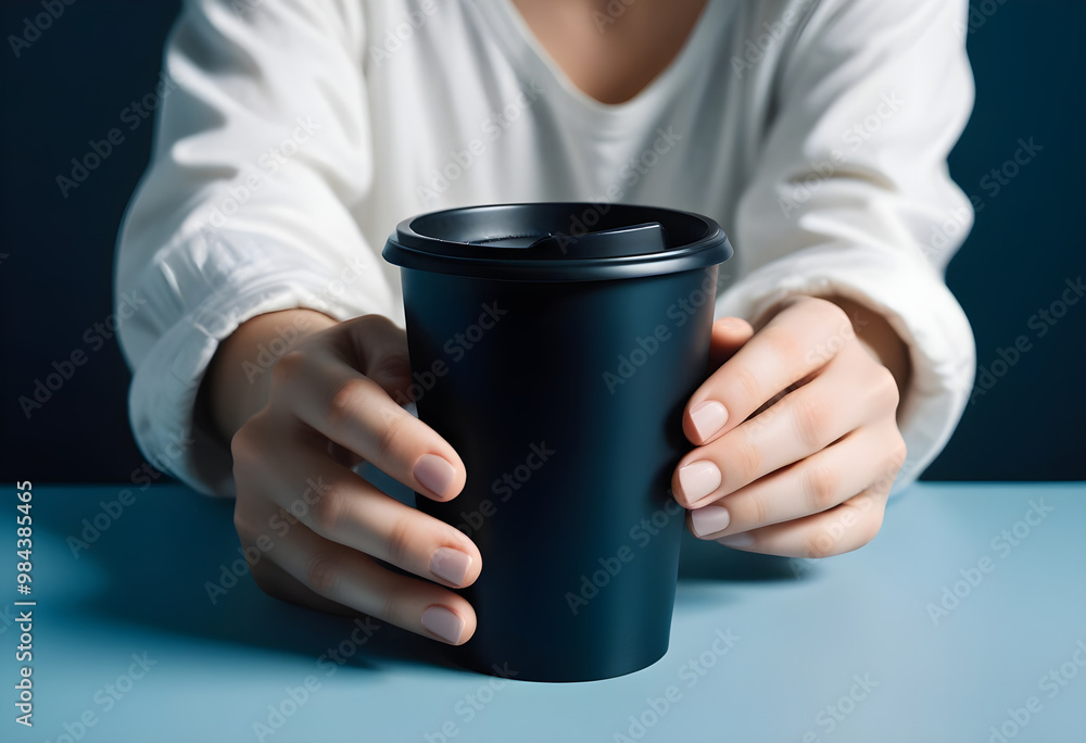 A meticulously captured hand holds sleek black cup, showcasing modern and minimalist aesthetic. soft lighting enhances calm atmosphere, inviting moment of relaxation A meticulously captured hand holds sleek black cup, showcasing modern and minimalist aesthetic. soft lighting enhances calm atmosphere, inviting moment of relaxation