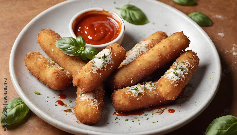 Crispy mozzarella sticks served on plate with side of marinara sauce and fresh basil leaves, perfect for sharing and enjoying delicious snack Crispy mozzarella sticks served on plate with side of marinara sauce and fresh basil leaves, perfect for sharing and enjoying delicious snack