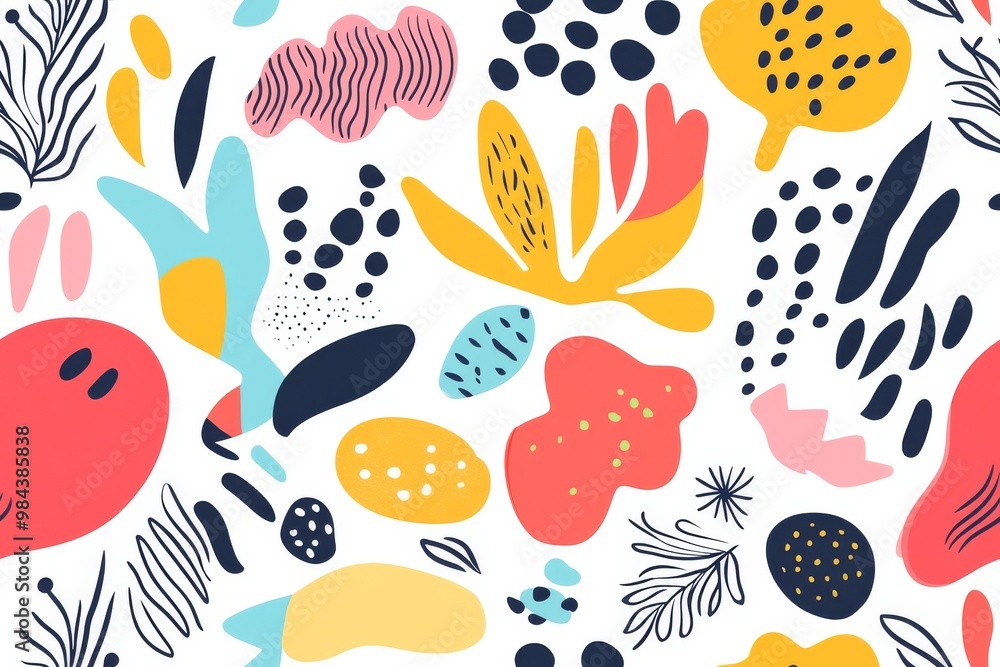 A beautifully vibrant and intricately designed seamless pattern that showcases a delightful and captivating mix of floral and abstract shapes, presented in a variety of colors and artistic styles A beautifully vibrant and intricately designed seamless pattern that showcases a delightful and captivating mix of floral and abstract shapes, presented in a variety of colors and artistic styles