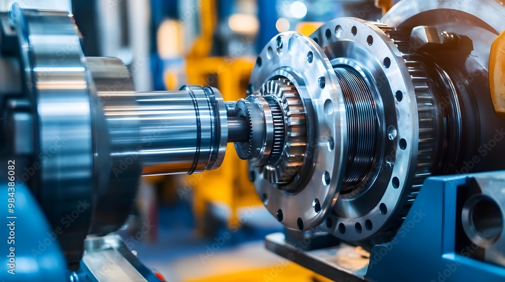 Fototapeta premium A machine is being worked on with a blue and yellow background. The machine is a gear and has a lot of metal parts