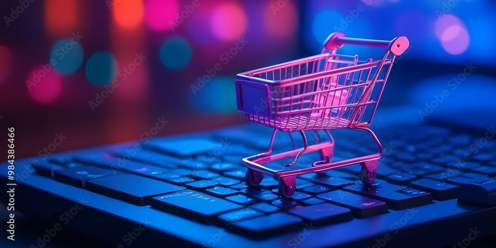 Small shopping cart on a computer keyboard against a blurred, colorful background with neon lights. Small shopping cart on a computer keyboard against a blurred, colorful background with neon lights.