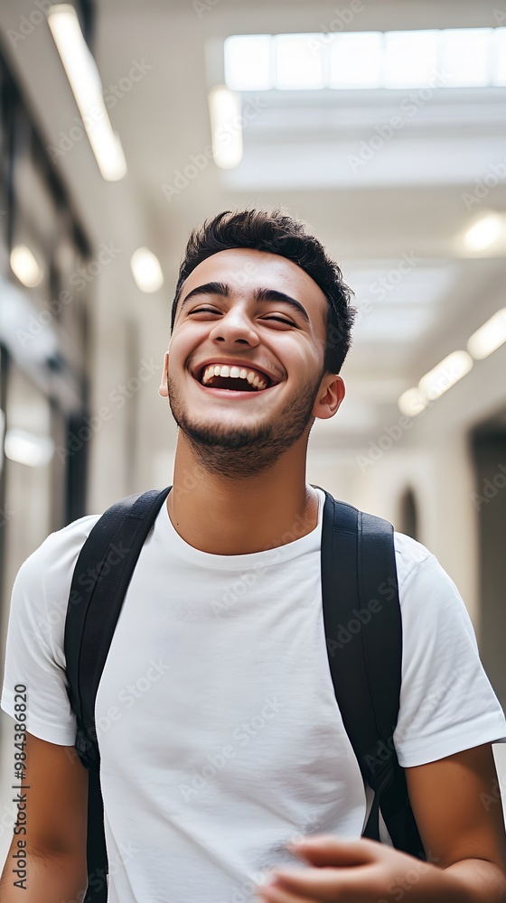 Young male student laughing in bright school hallway. Young male student laughing in bright school hallway.