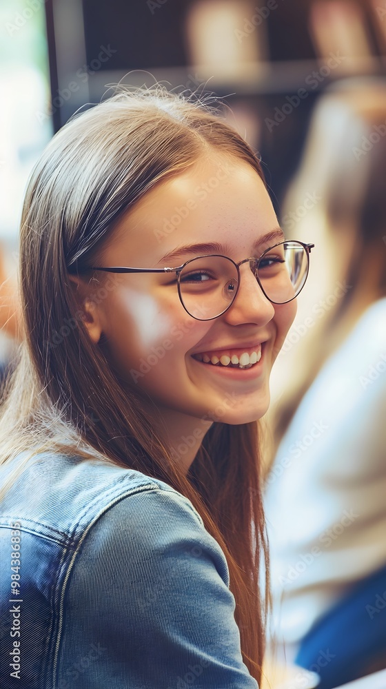 Smiling young woman with glasses in a classroom setting. Smiling young woman with glasses in a classroom setting.