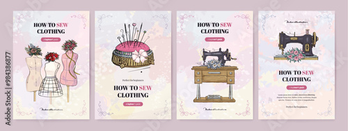 Sewing studio banner design set. Workshop flyer with hand drawn vector sew element. Vintage clothing guide, web courses advertisement wallpaper. Dressmaker retro card