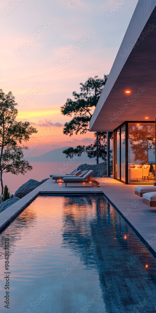 Fototapeta premium minimalist villa with sea in dawn . AI generative.