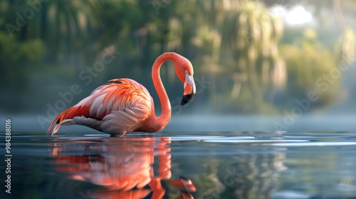 Graceful pink flamingo wading in serene tropical pond with stunning water reflection long title Graceful pink flamingo elegantly wading through the