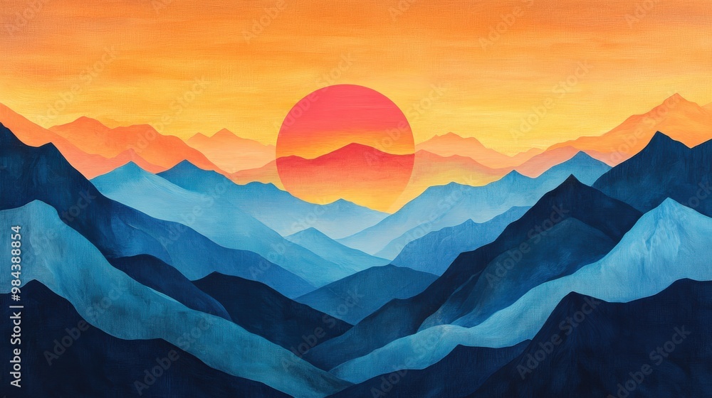 Serene minimalist mountain landscape with bold outlines and large sun Serene minimalist mountain landscape with bold outlines and large sun