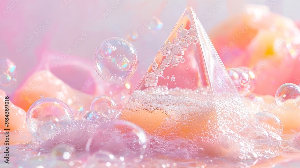 Tranquil Triangular Soap with Delicate Bubbles on Pastel Background Tranquil Triangular Soap with Delicate Bubbles on Pastel Background