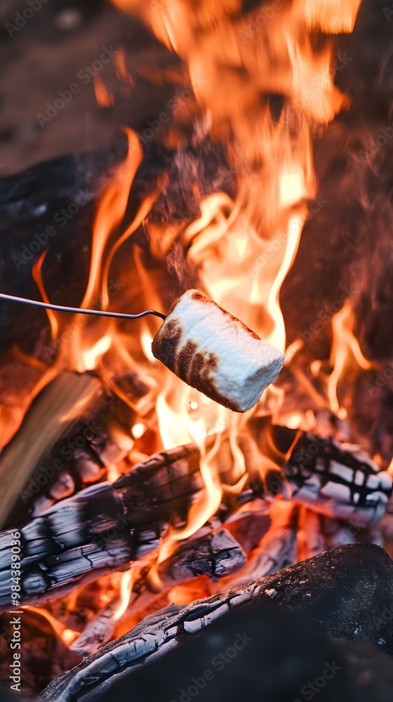 Close-up of a marshmallow being roasted over a campfire flame. Close-up of a marshmallow being roasted over a campfire flame.