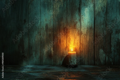 A single candle burns brightly against a weathered wooden backdrop, casting an ethereal glow. .