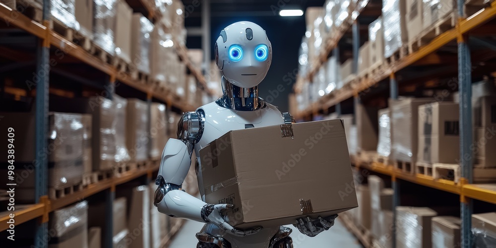 Humanoid robot working in a futuristic warehouse carrying boxes Humanoid robot working in a futuristic warehouse carrying boxes