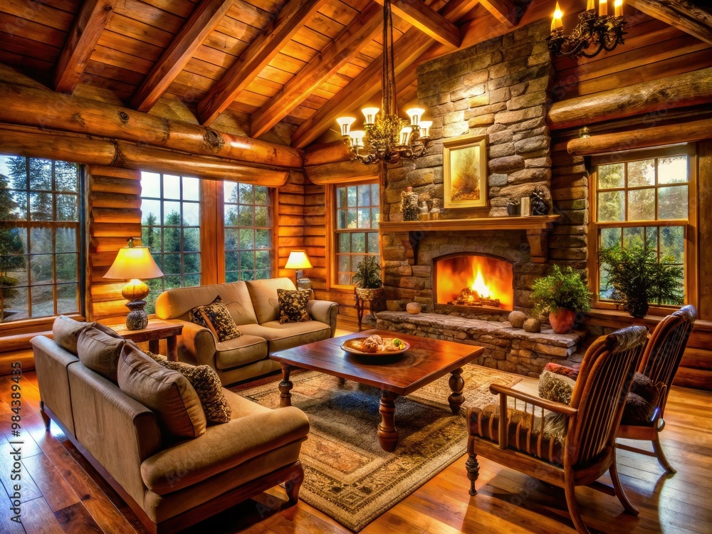 A serene retreat awaits in this Cozy log cabin living room, where rustic furniture meets warmth and comfort, illuminated by the crackling fireplace and soft, golden lighting. A serene retreat awaits in this Cozy log cabin living room, where rustic furniture meets warmth and comfort, illuminated by the crackling fireplace and soft, golden lighting.
