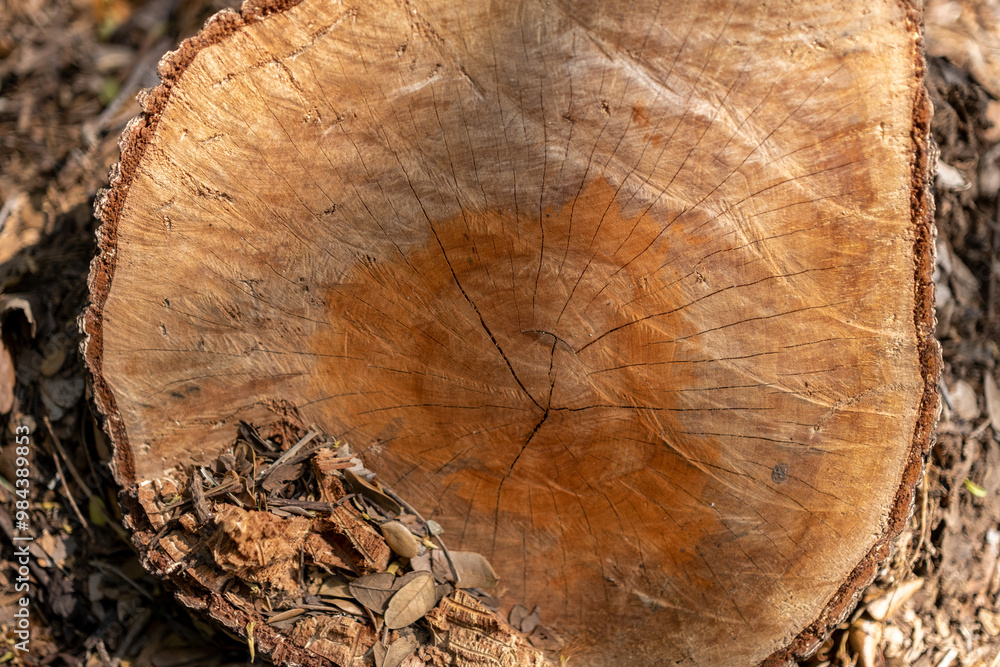 Close-up of a tree trunk cross-section with visible growth rings Close-up of a tree trunk cross-section with visible growth rings