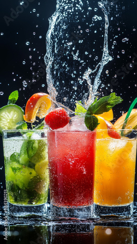 various kinds of fruit and vegetable juices in the background splashing water