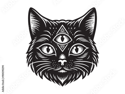 Three-eyed magical black cat. Vintage black engraving illustration, sketch, emblem, tattoo, print