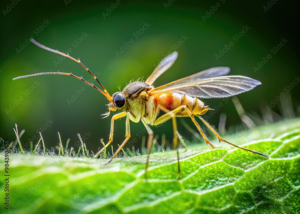 Naklejka premium A small, winged creature with a soft, fluffy body and ridiculously long legs scurries across the ground, its antennae waving wildly.