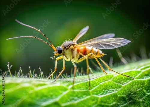 A small, winged creature with a soft, fluffy body and ridiculously long legs scurries across the ground, its antennae waving wildly. photo