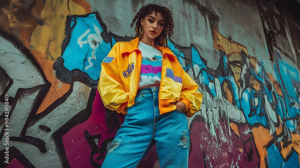 Fototapeta premium Back in time 90s Stylish girl in retro jacket and vintage clothing