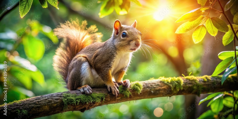 A squirrel, tiny paws gripping a tree branch, surveys its surroundings in a sun-drenched forest, surrounded by lush greenery that shines like emeralds. A squirrel, tiny paws gripping a tree branch, surveys its surroundings in a sun-drenched forest, surrounded by lush greenery that shines like emeralds.