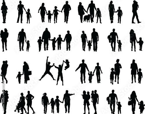 Black silhouettes of families in walk