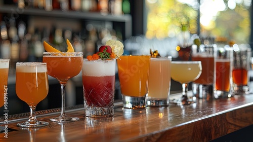 A selection of colorful cocktails and mixed drinks arranged in a row on a wooden bar counter. Each drink is presented in a different type of glass, adding variety to the scene. The drinks range in col photo