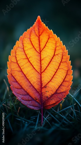 A single, vibrant orange leaf with intricate veins rests on a bed of green grass against a dark background.