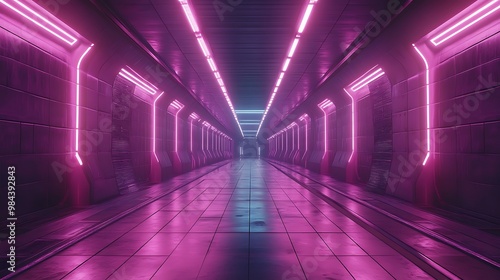 A cyber tunnel with bright, sharp purple geometric lines forming complex patterns on the walls, leading into an unknown, mysterious digital destination. 4k