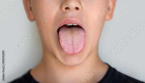 White coating on tongue child. Oral thrush. Boy showing her tongue. Child puts out tongue - closeup. White spots on the kid tongue. Oral thrush is a fungal infection that affects tissue mouth photo