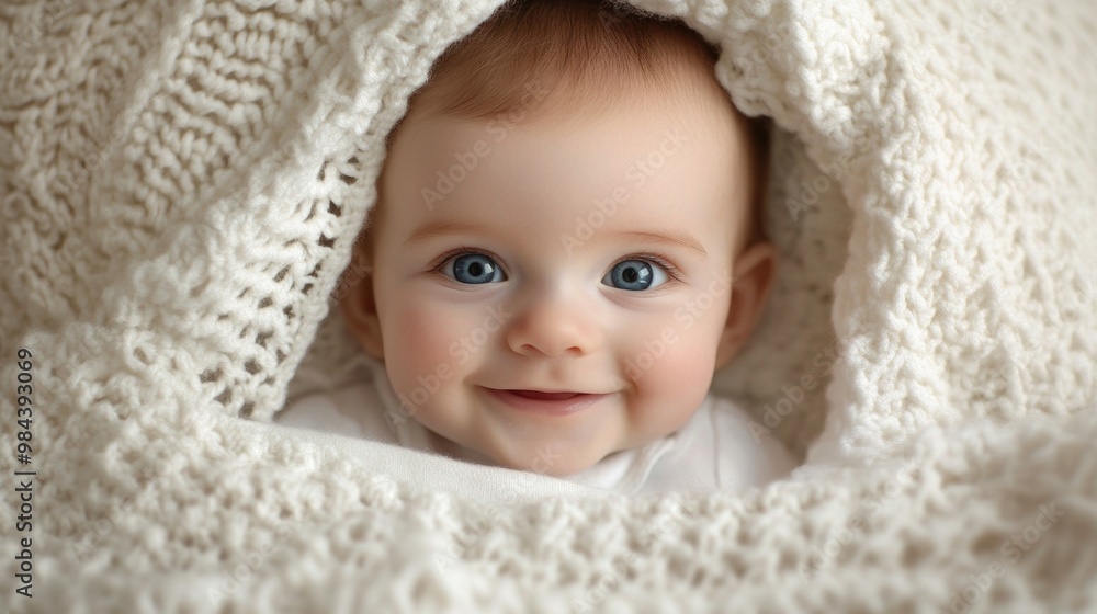 A smiling, cute baby with blue eyes peeks out from under a white blanket. A smiling, cute baby with blue eyes peeks out from under a white blanket.