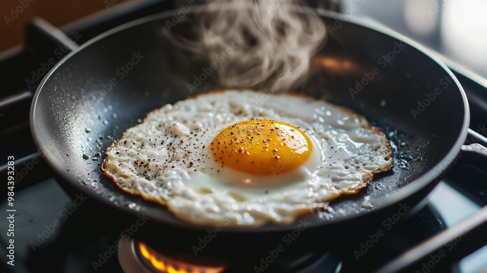 Fried egg cooking in pan on stove Fried egg cooking in pan on stove