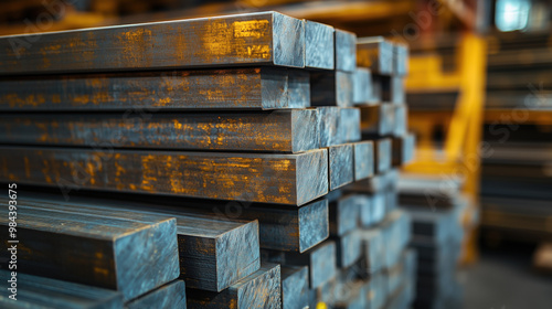 Stacks of new iron beams create strong industrial atmosphere